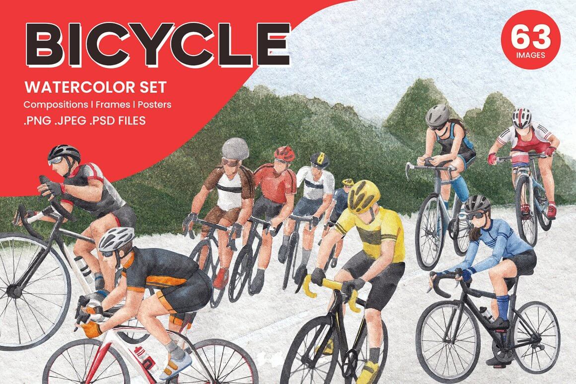 63 Images Bicycle Watercolor Set.