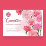 A large bouquet of carnations is on the right side, and on the left is a text about the design with watercolor flowers.