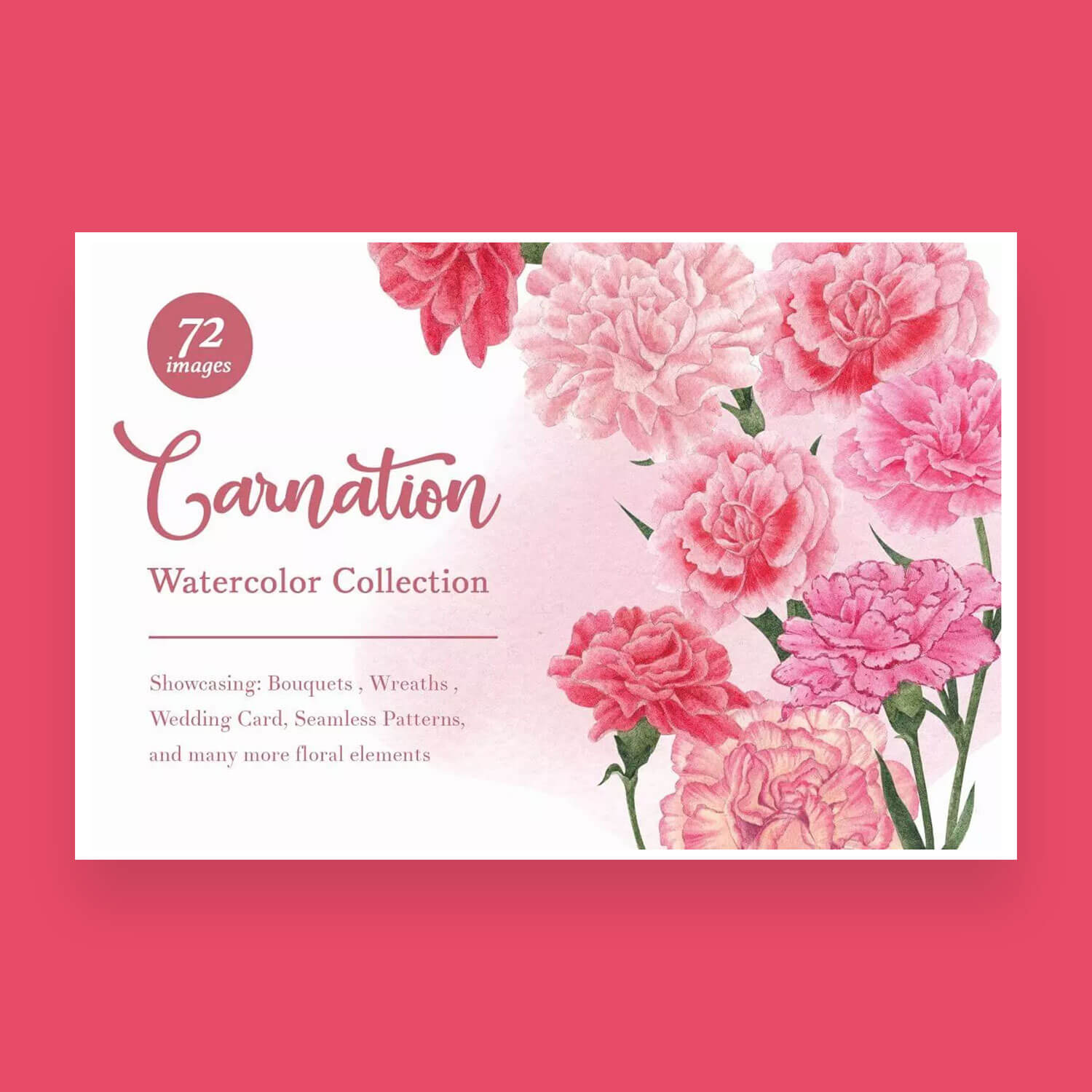 A large bouquet of carnations is on the right side, and on the left is a text about the design with watercolor flowers.