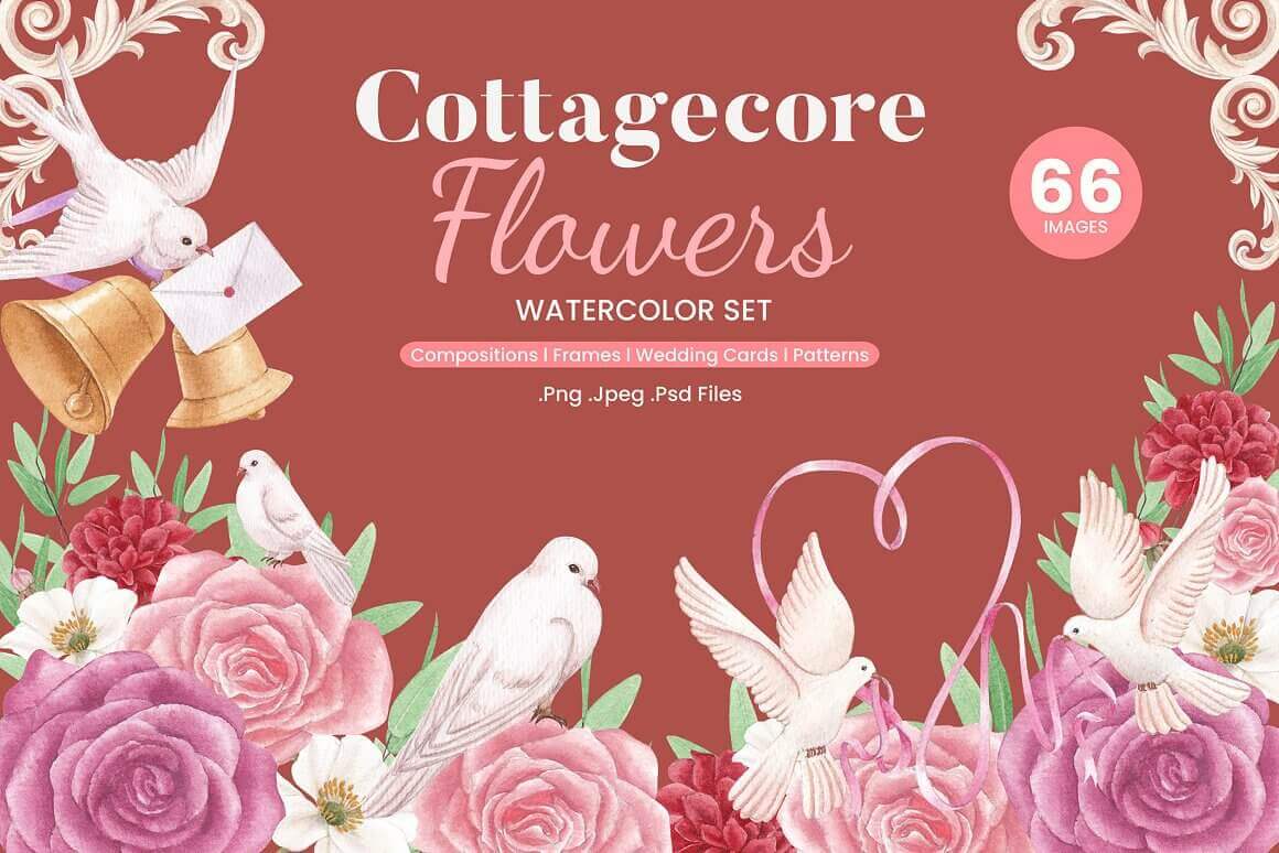 Cottagecore Flowers Watercolor Set.