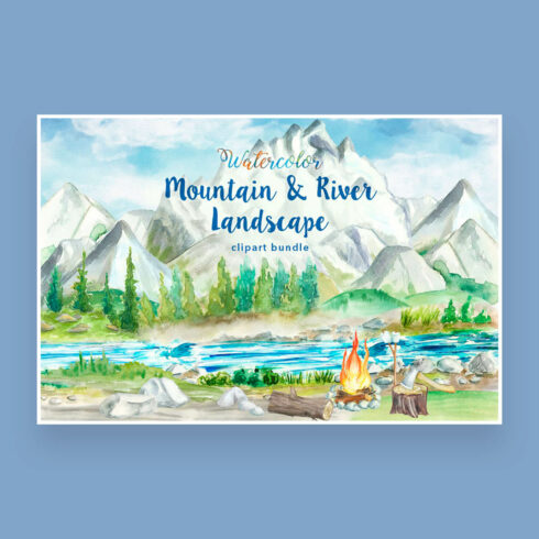 Mountain and river landscape watercolor clipart on a blue background.