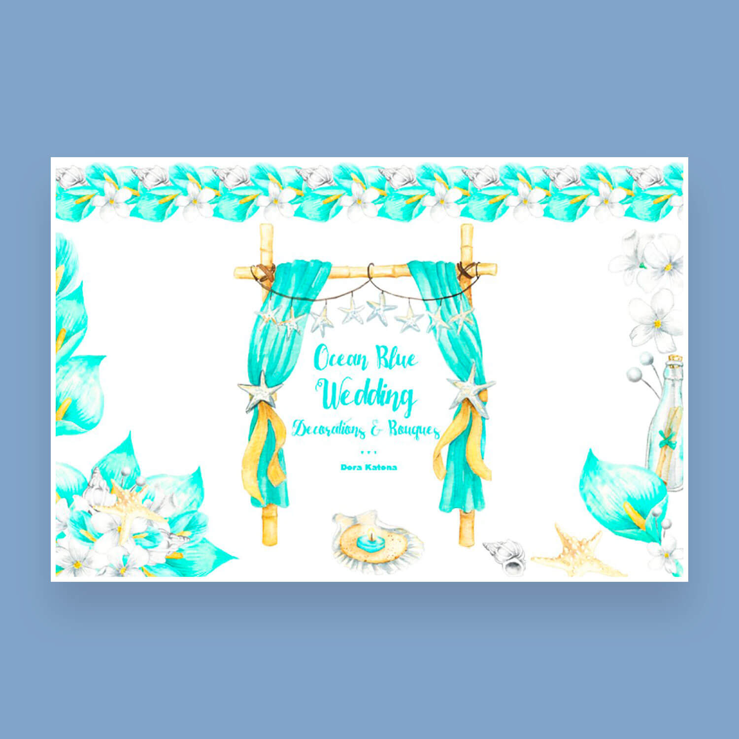 Wedding flowers color scheme - ocean blue clipart images on a blue background.