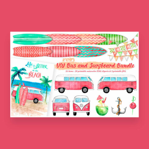 Clipart Red vw bus surfboards on a pink background.