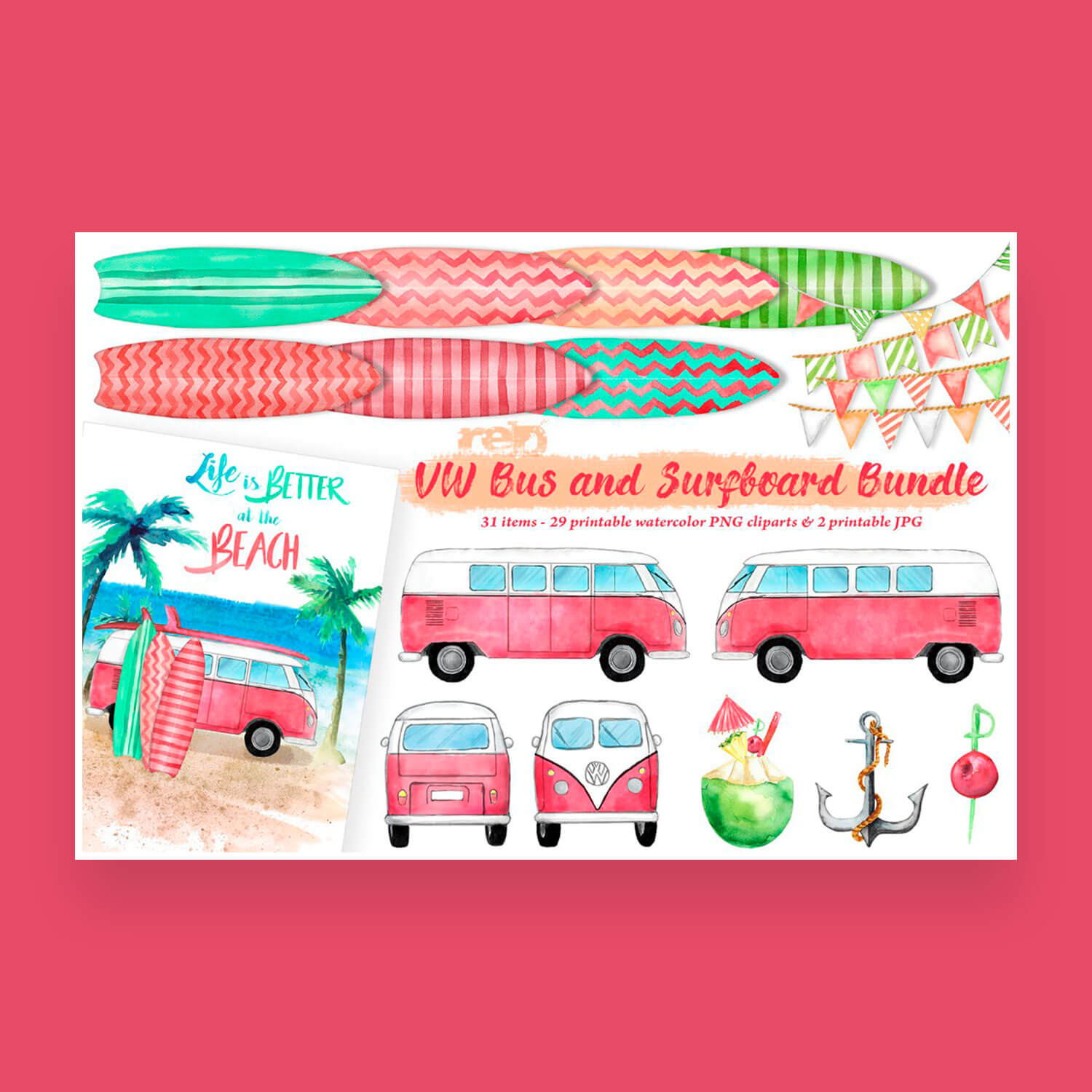 Clipart Red vw bus surfboards on a pink background.