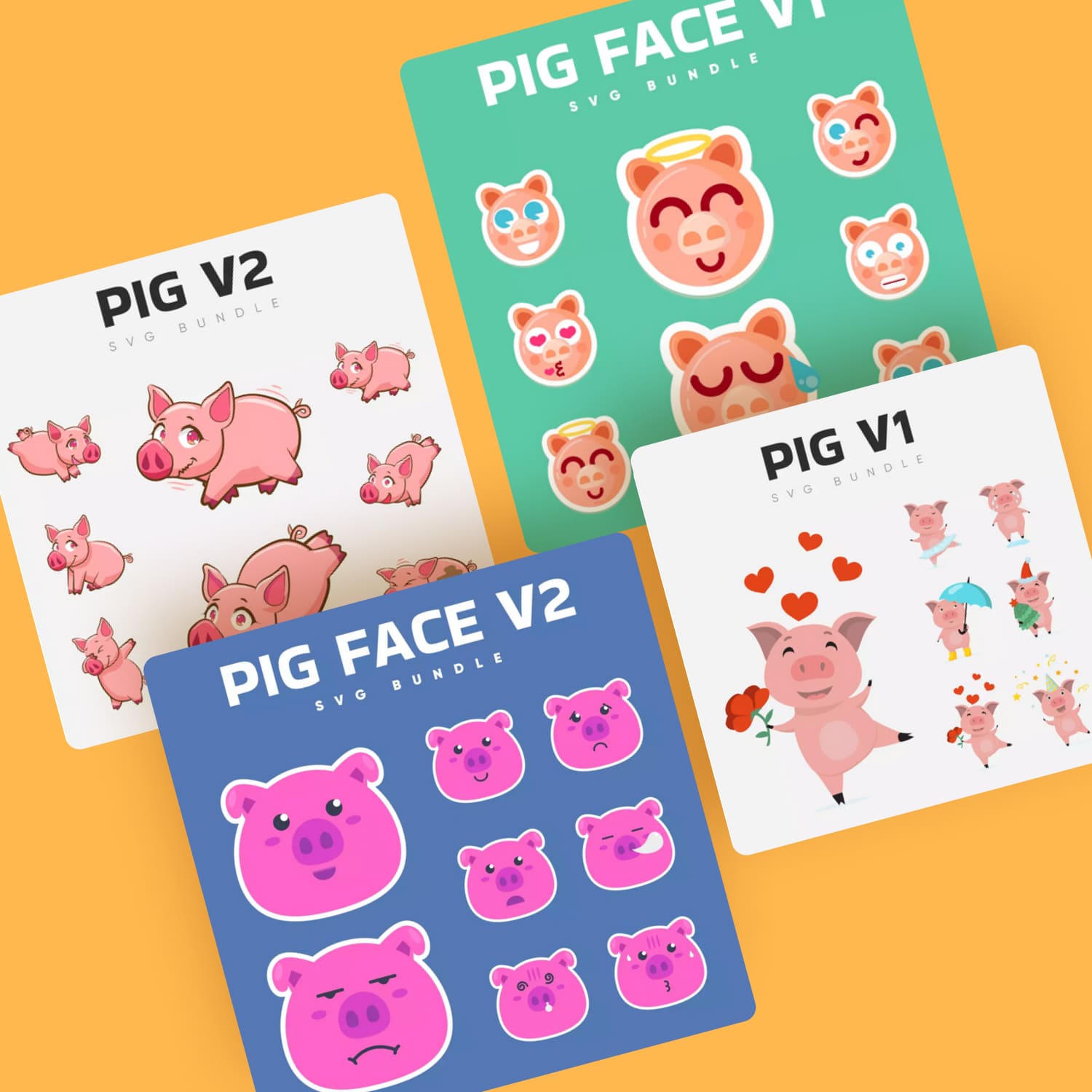 Three pig face stickers on a yellow background.