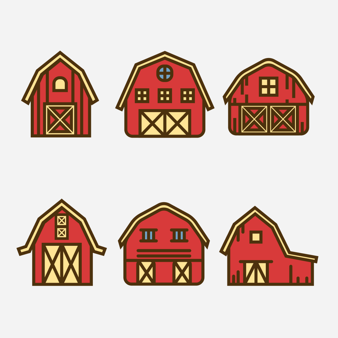 Six barns with sloping roofs made in different styles.