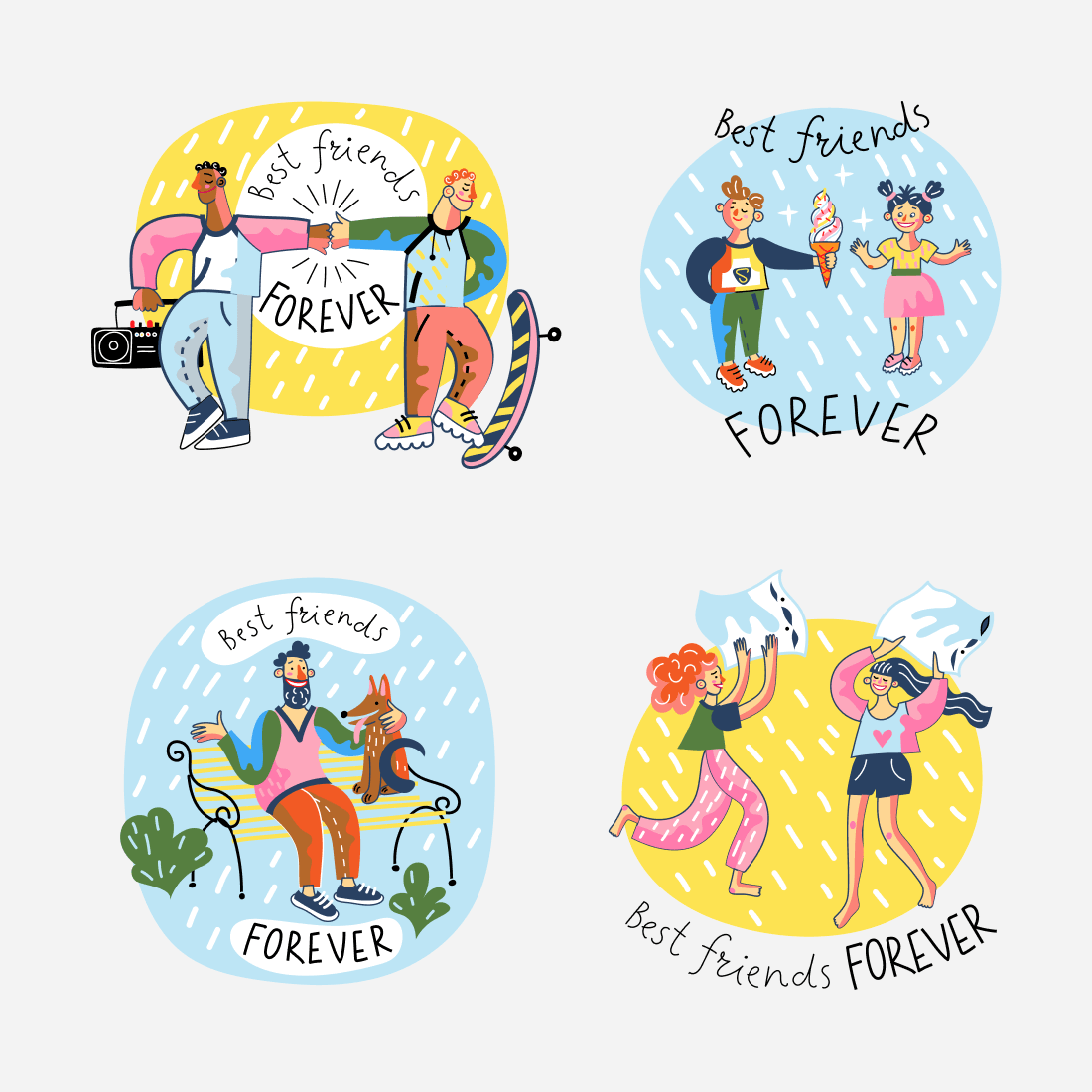 Four drawings of friends on a round background.