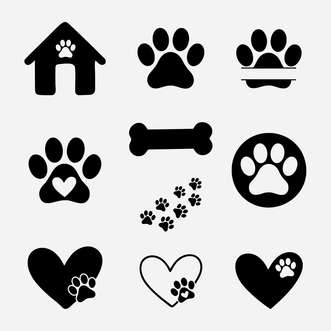 Drawings of dog paws, hearts, booths and bones in white and black.