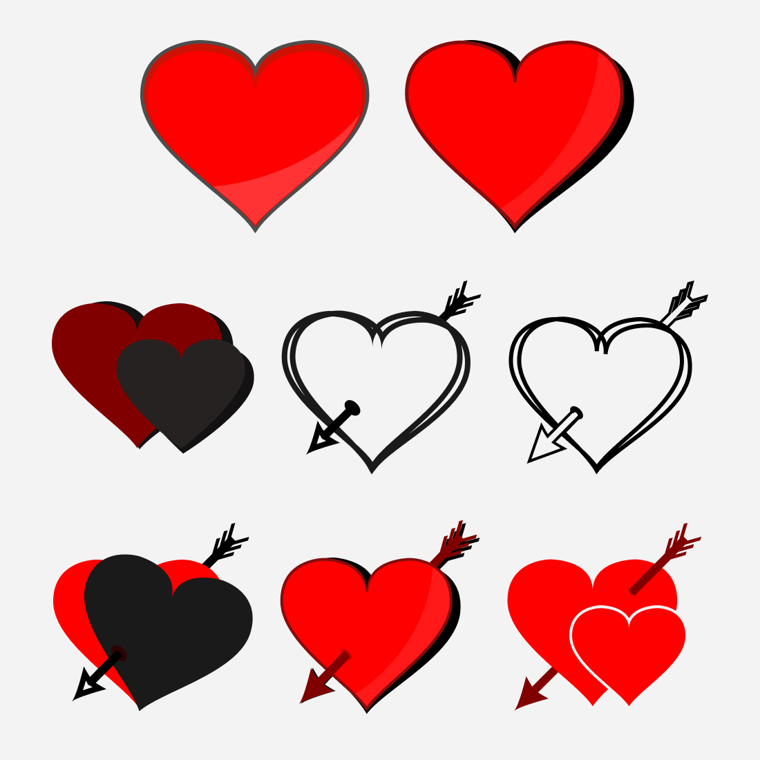 Hearts with and without a shadow, as well as with colored and transparent filling.