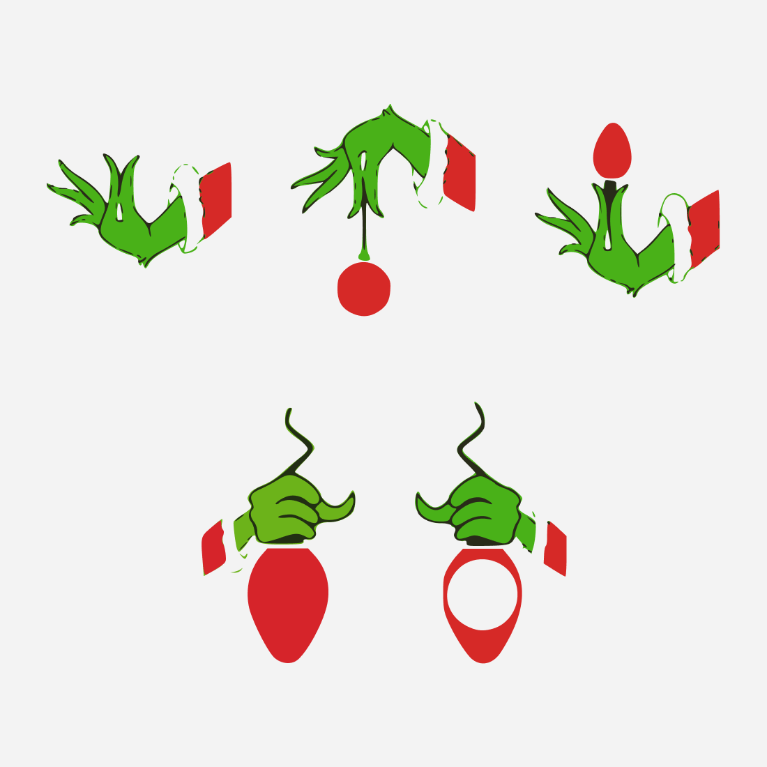 Grinch's green hands hold red Christmas toys in a funny way.