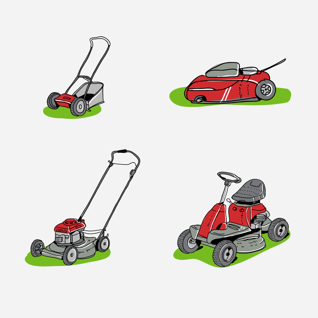 Robot mower, rider and petrol lawnmower pictured on the lawn.