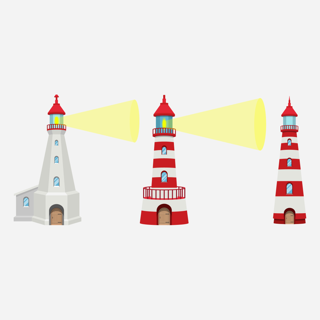 Lighthouses are more rounded and more square with and without railings.