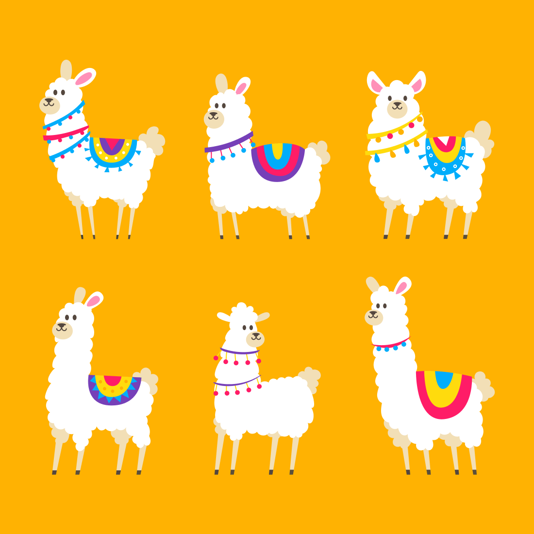 Group of llamas with different colors on a yellow background.