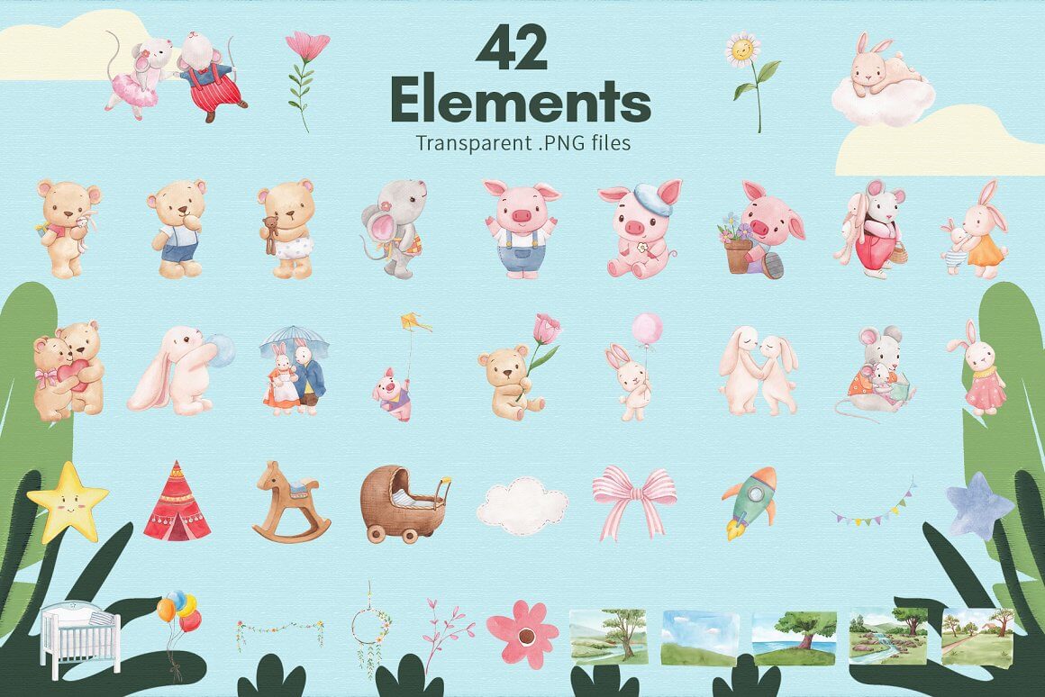 42 elements with children's images of pigs, bears, rabbits, toys.