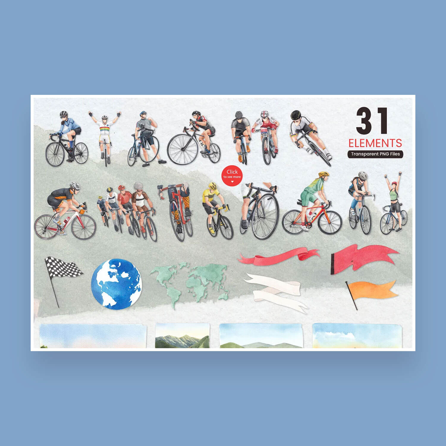31 Elements Transparent PNG Files, bicycle riding watercolor.