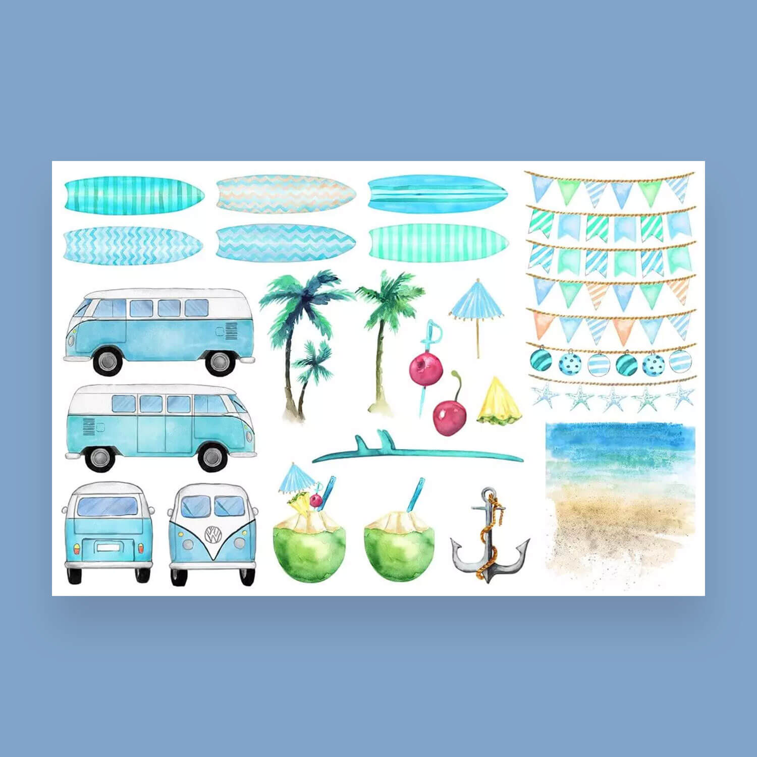 Blue vw bus clipart set: surfboards, palm trees, berries on a skewer, cocktails in coconuts, anchor, flags.
