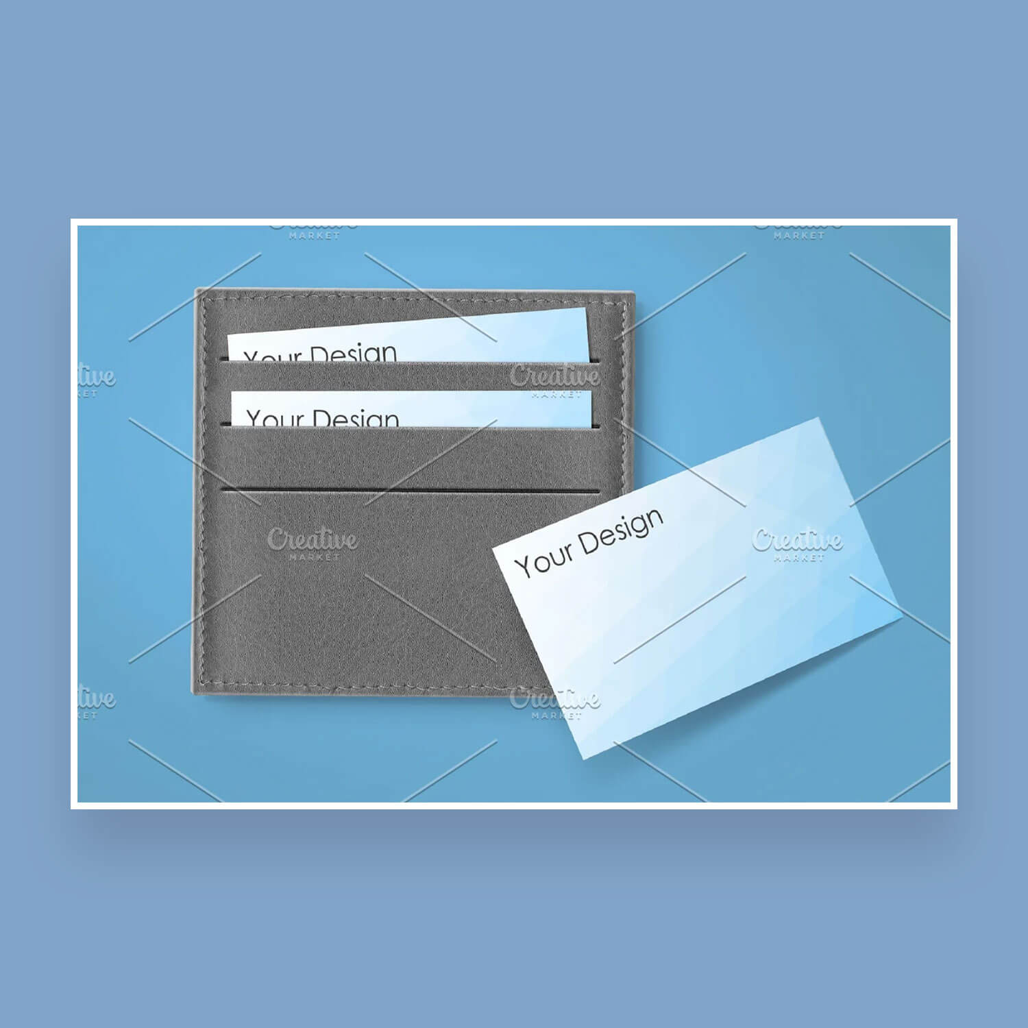 Light blue business cards from a purse.