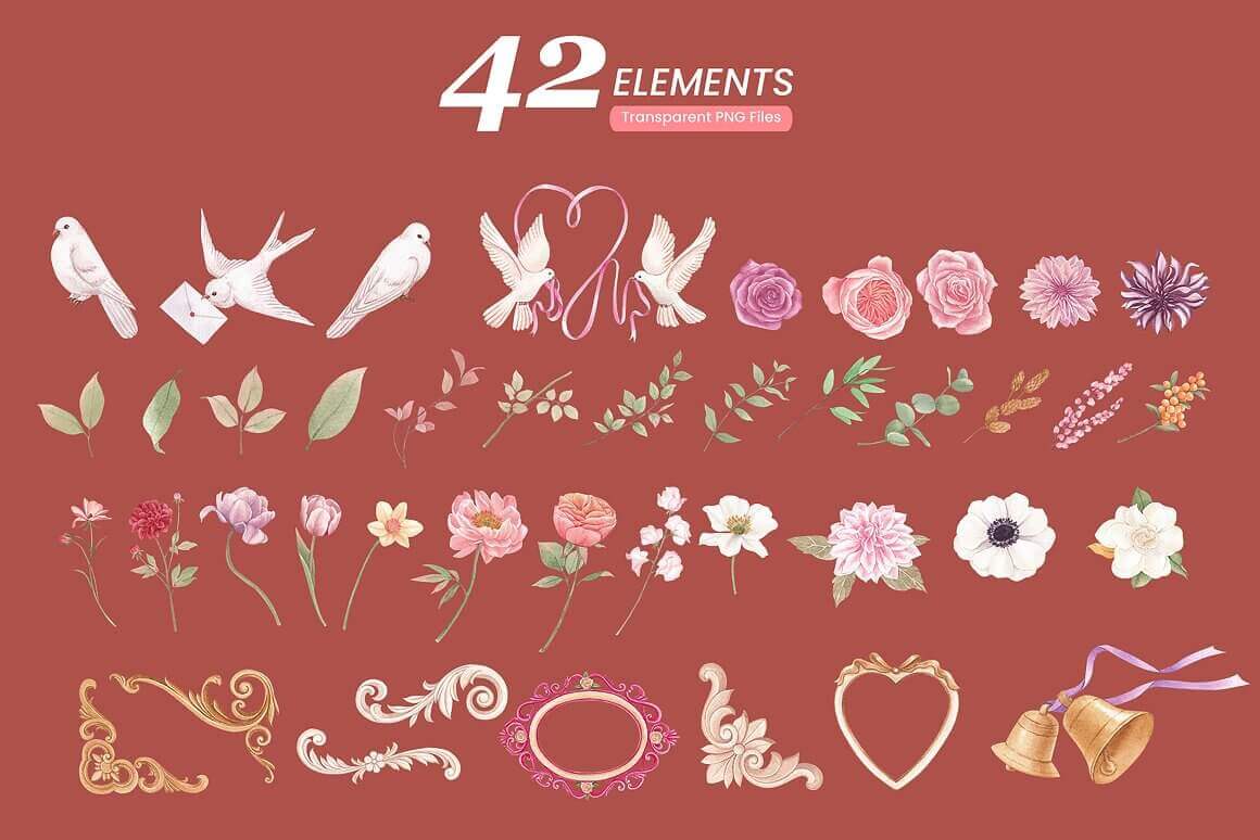 42 elements with wedding accessories: white doves, roses and other flowers, frames and bells.