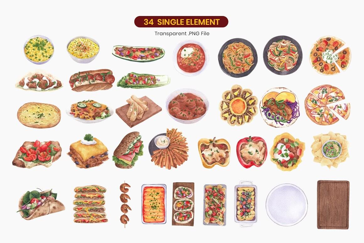 34 Single Elements of Mexican Food.