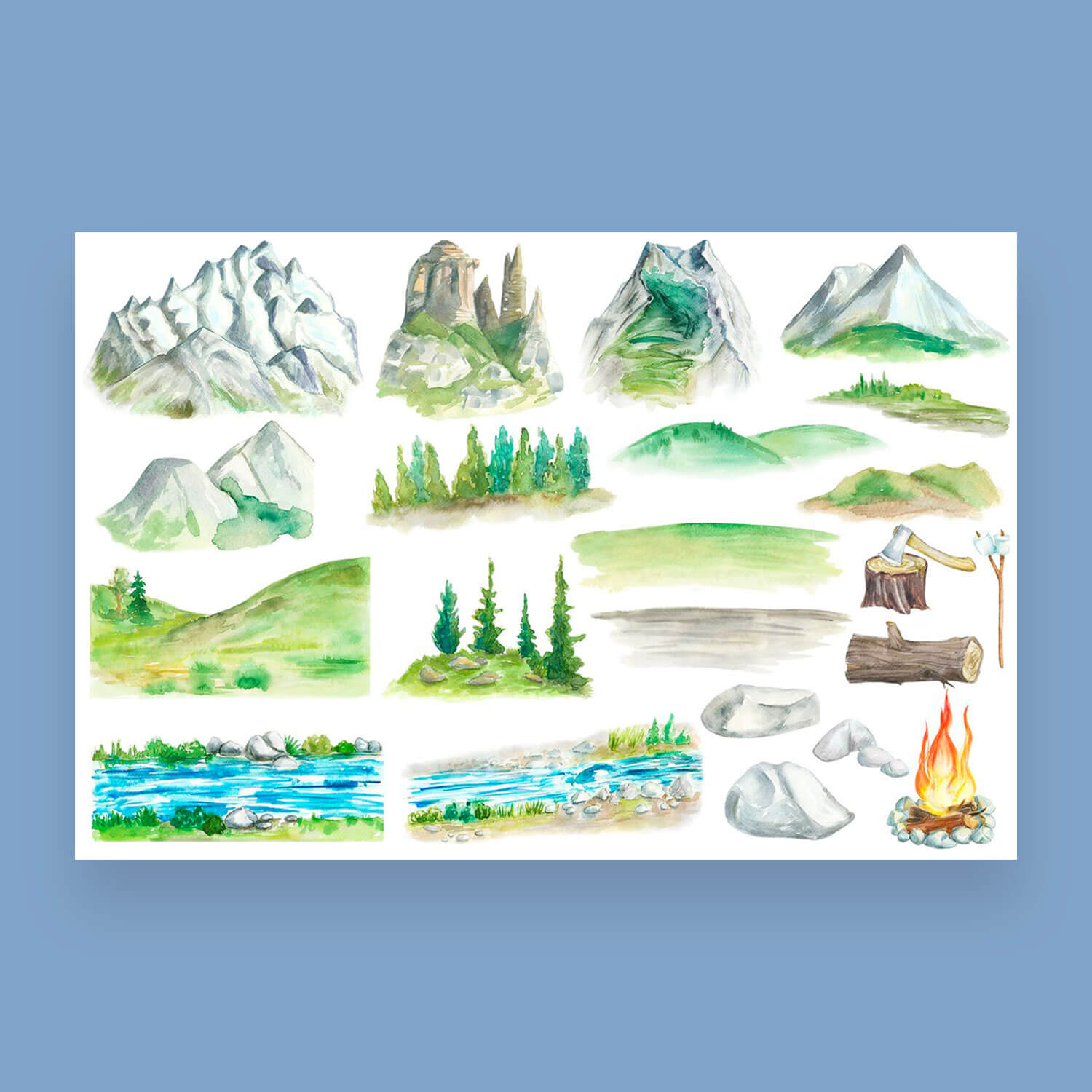 Collage of drawings with mountain and river, as well as mountains.