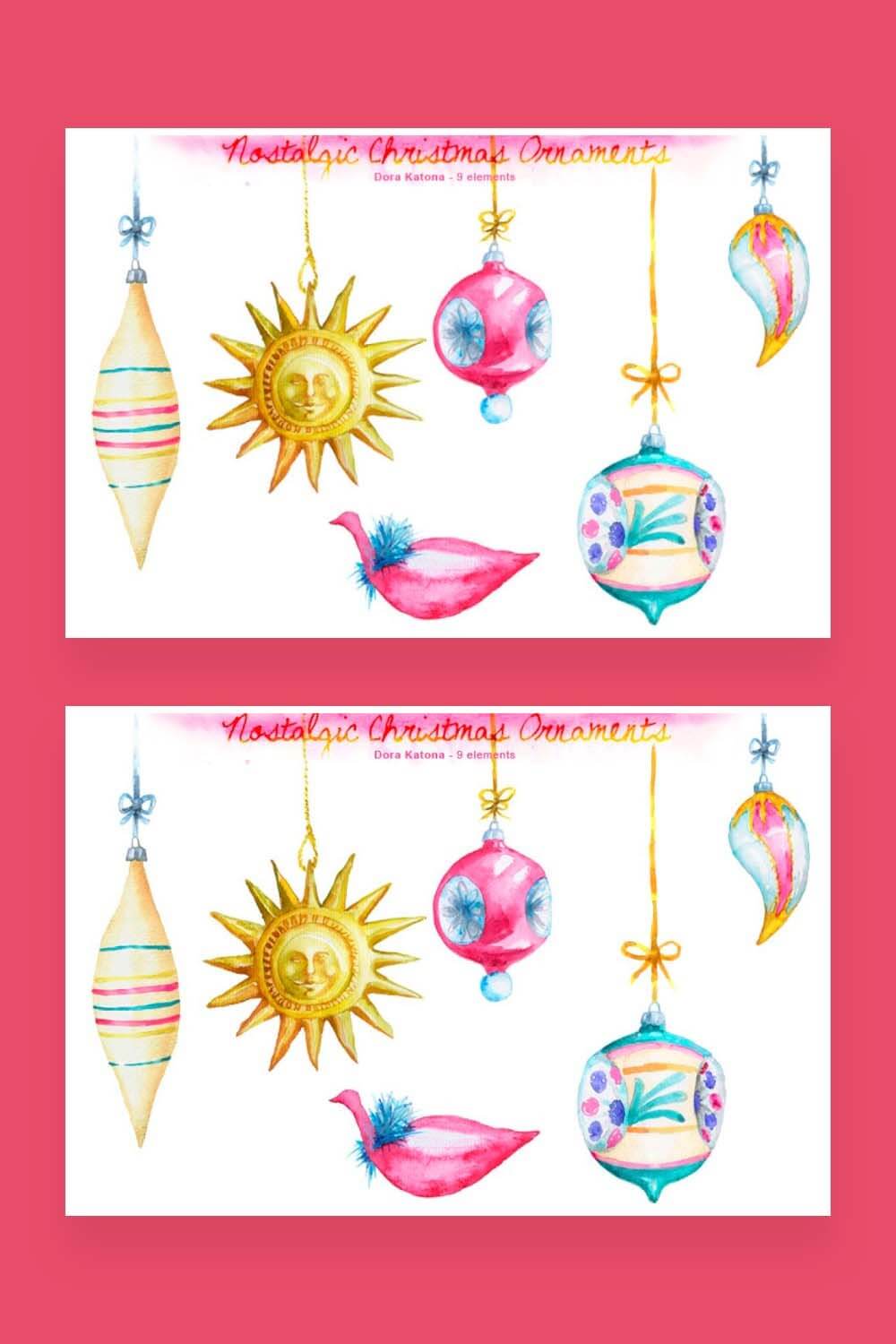 Old Christmas decorations on two drawings with a pink background.