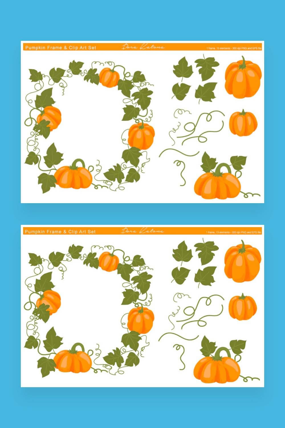 Picture with pumpkin frame and clipart for Pinterest on a turquoise background.