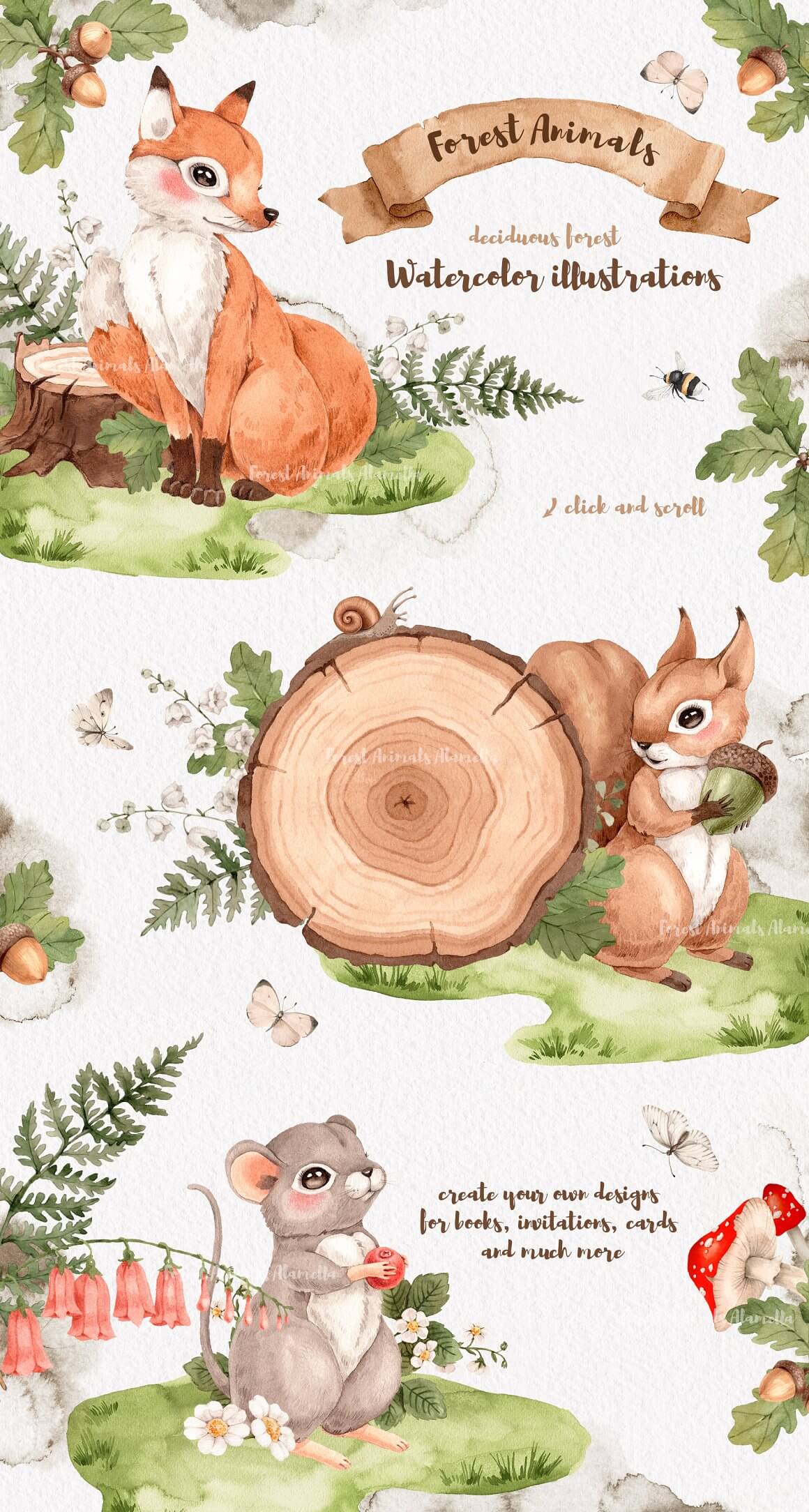 Watercolor drawing of forest animals: a fox in a clearing, a squirrel near a stump, a bear on the lawn.