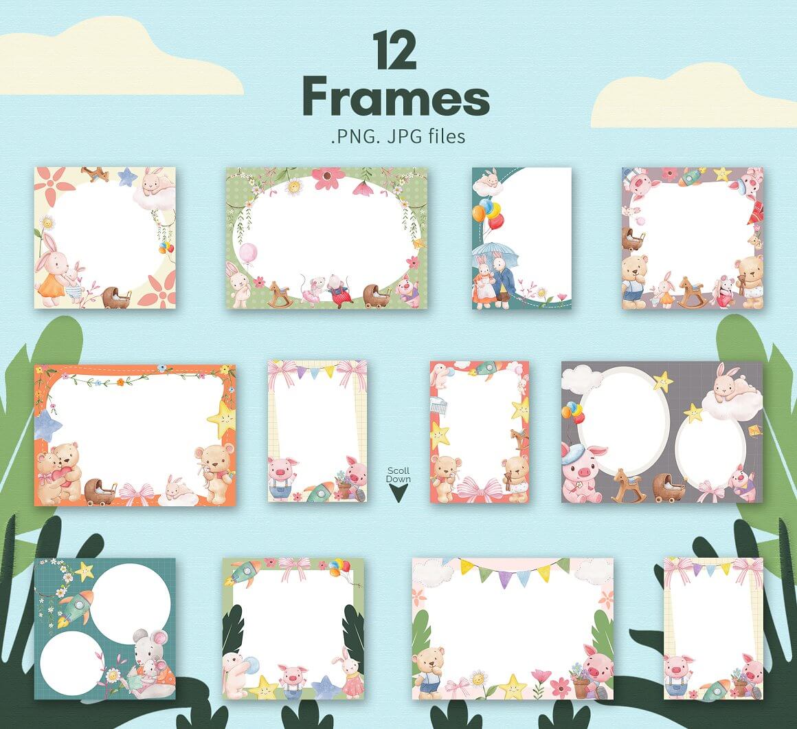 12 frames with children's design of small cute animals.