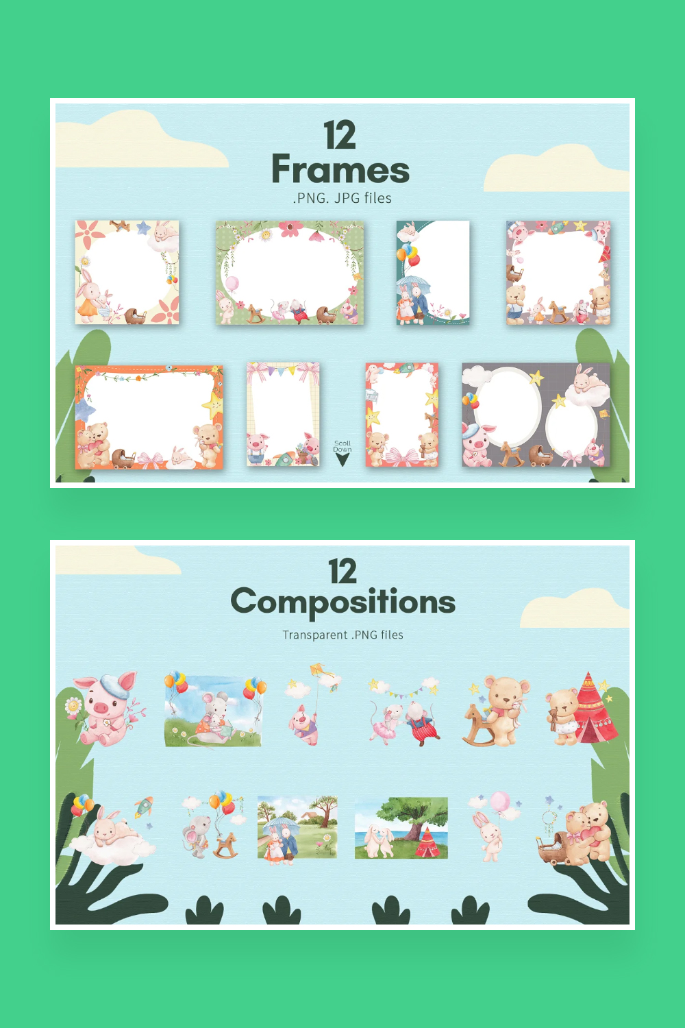 Frames and Composition of Adorable Animals Watercolor.