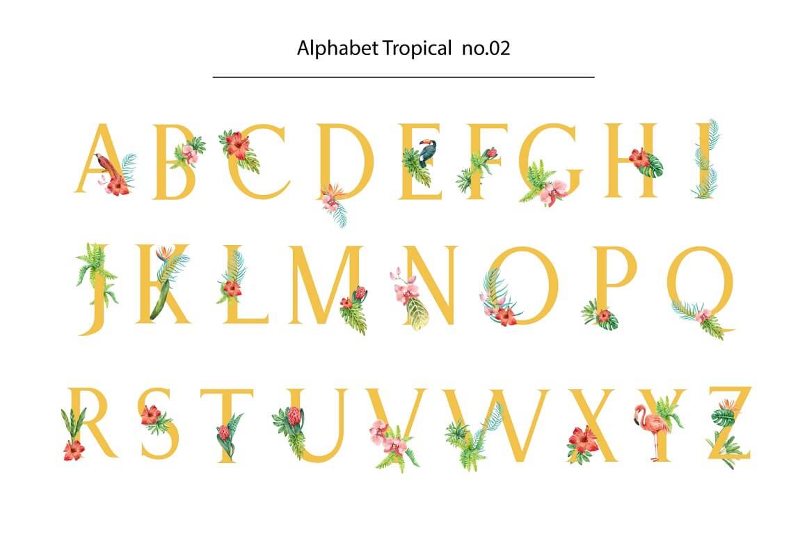 The yellow letters of the alphabet are decorated with colorful flowers and tropical leaves.