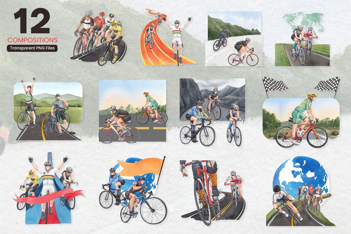 12 compositions with cyclists on the road, their victories and moving forward.