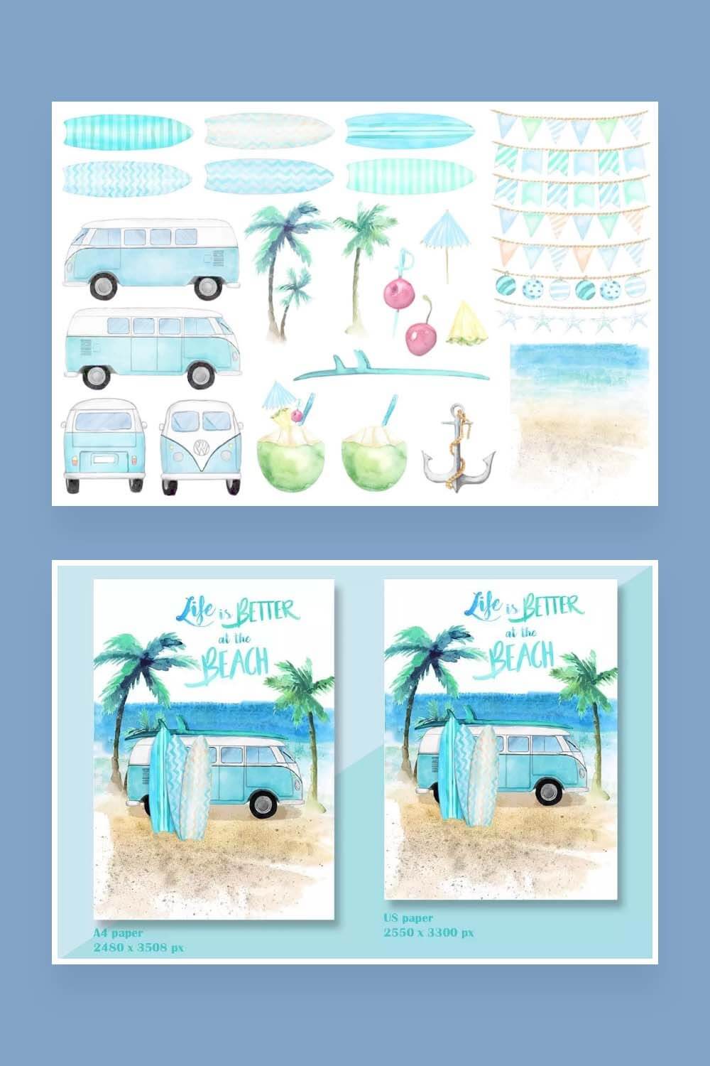 Blue vw bus hippie and surfers clipart set for Pinterest.