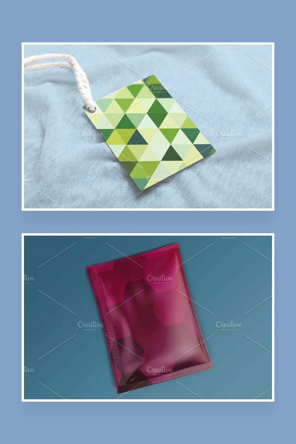 Drawstring card with gradation of green triangles and burgundy packaging with honeycombs.
