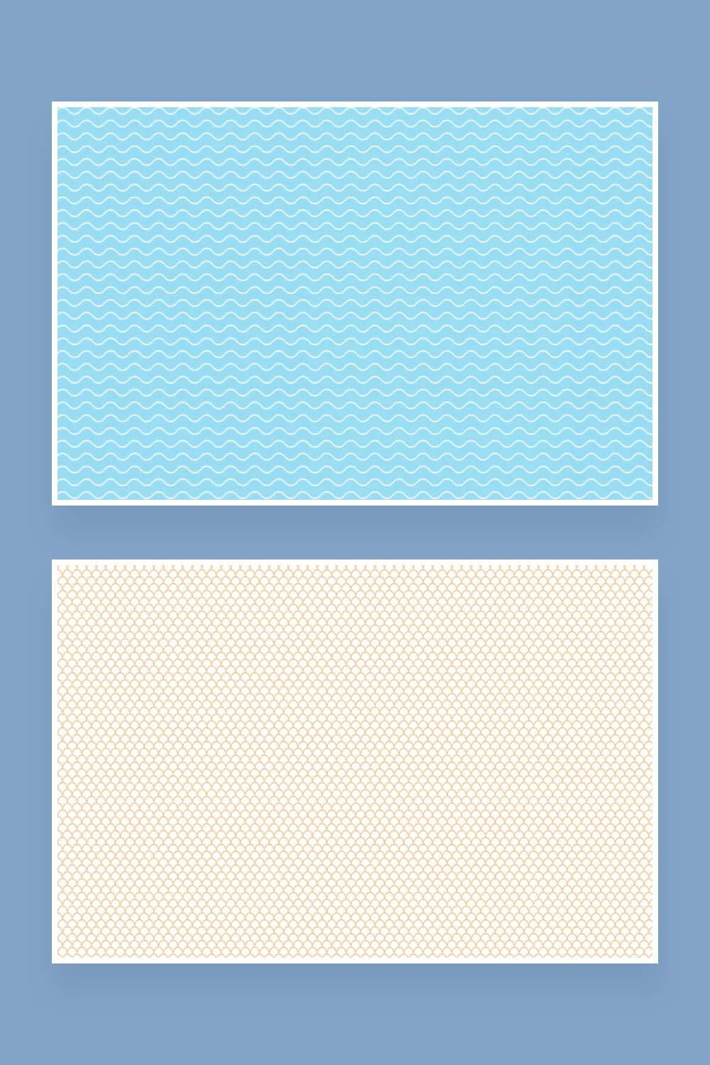 Two samples in blue and beige with different geometric patterns.