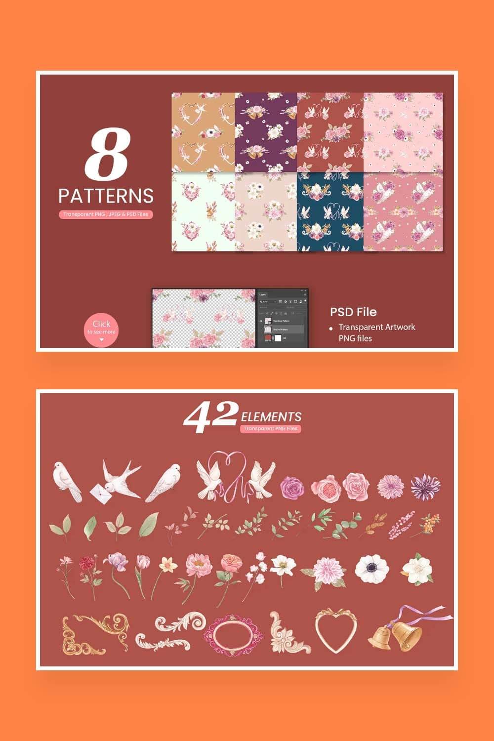 8 Patterns and 42 Elements Cottagecore Flowers Illustration.