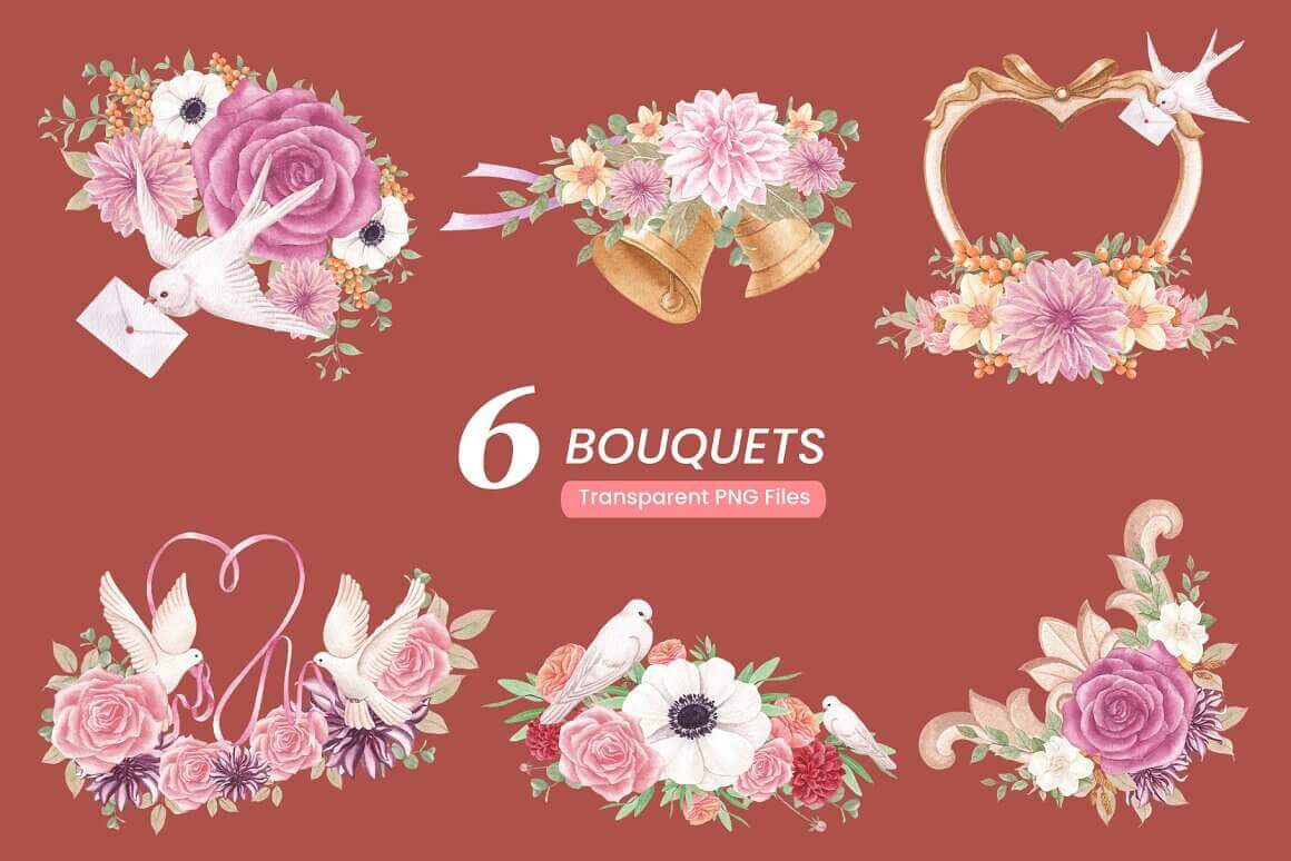 6 painted bouquets with pink roses and other flowers and with birds.