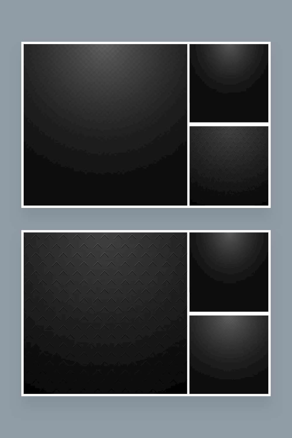 Two pictures with three variants of carbon surfaces with a dark texture.