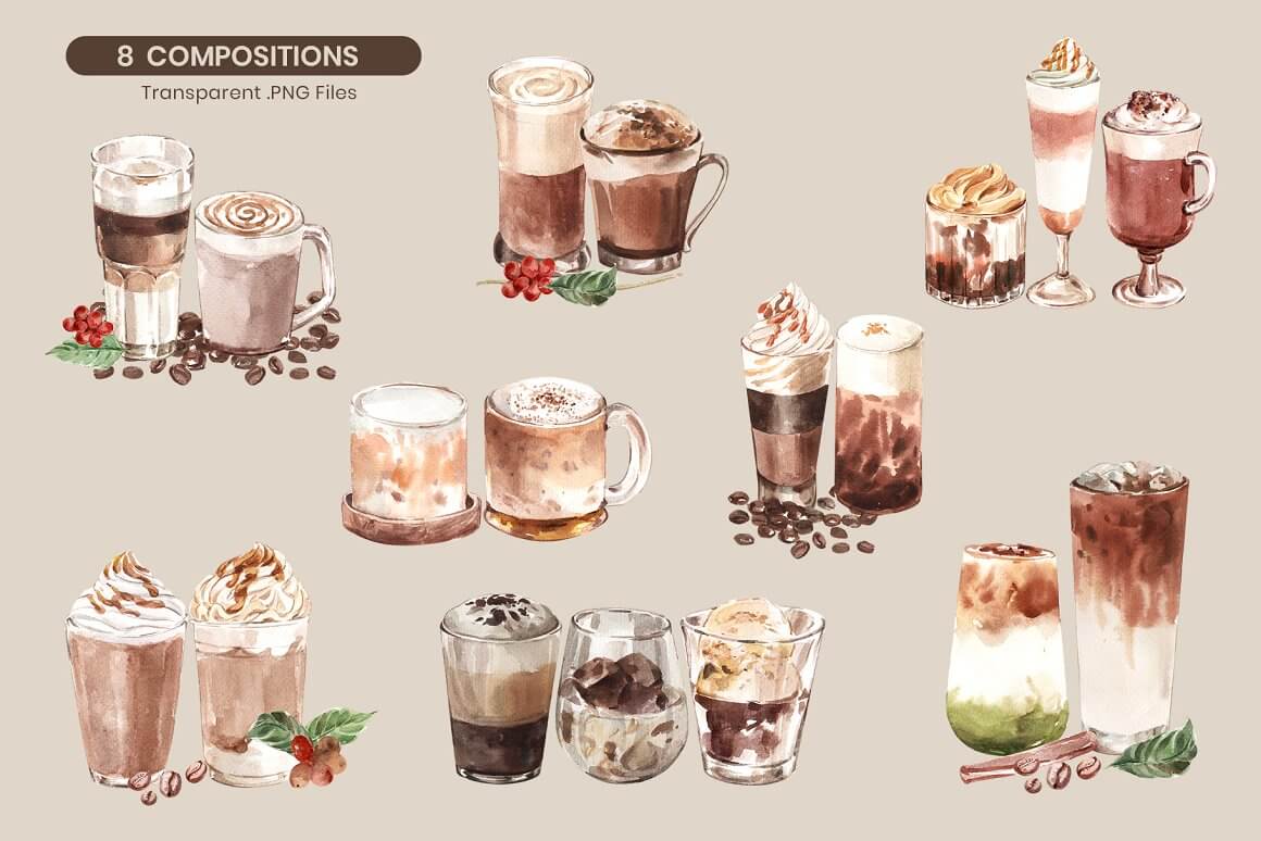 8 compositions with different types of coffee.