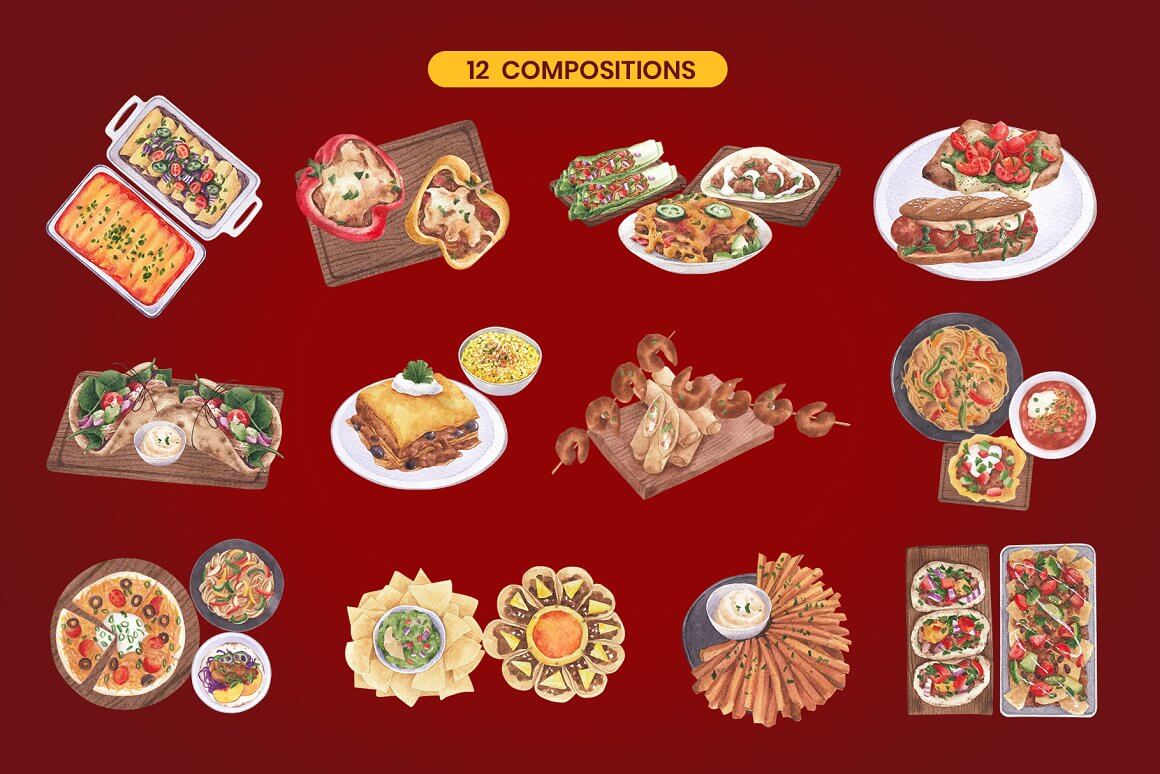 12 Compositions of Mexican Food on the Dark Red Background.