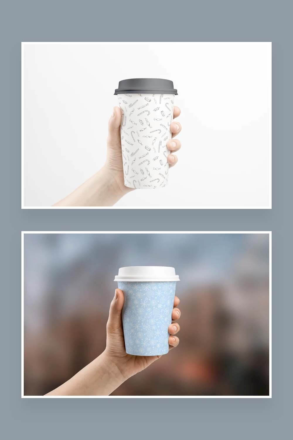 Disposable coffee cups with a Christmas theme.