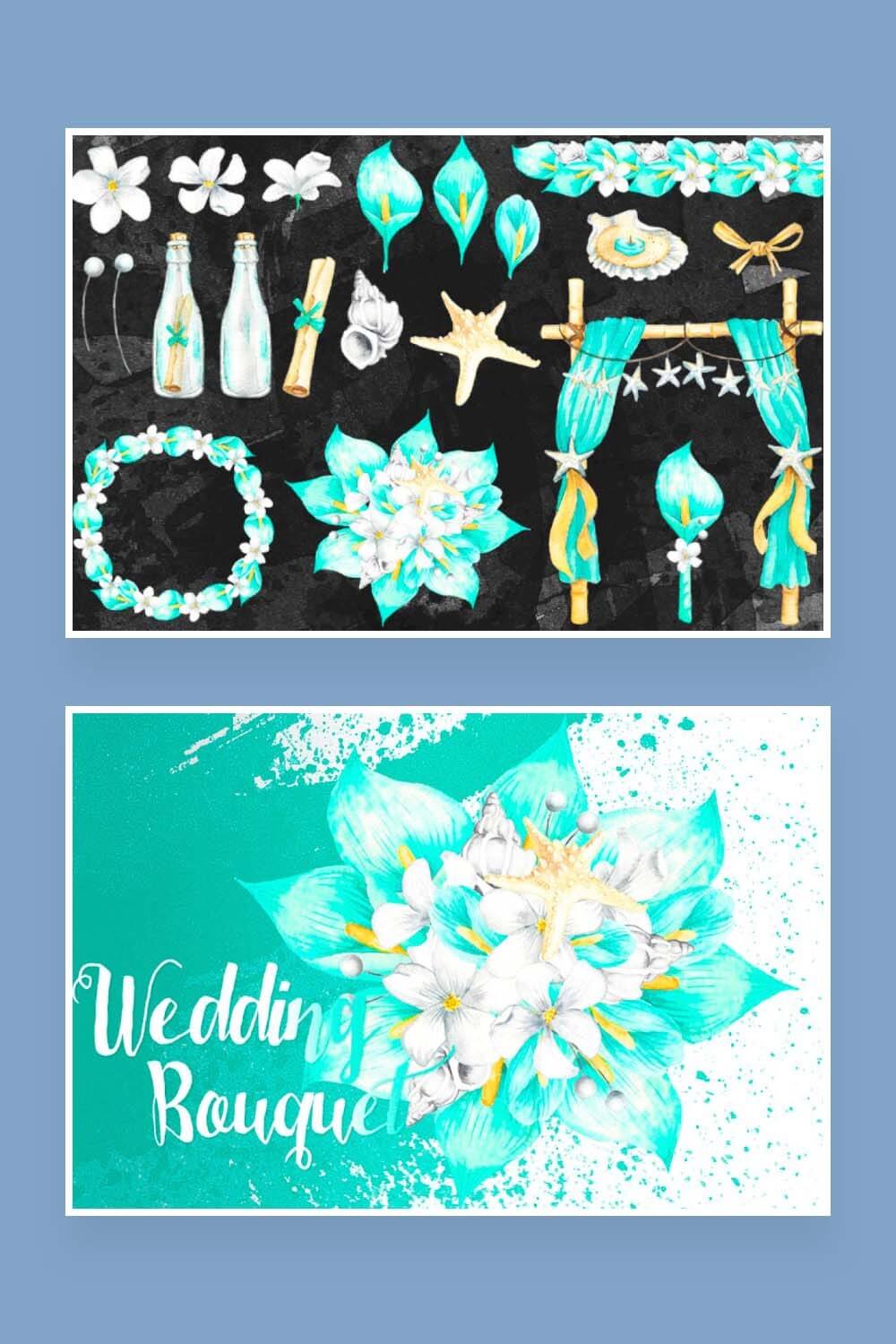 Blue wedding flowers clipart on a black background and a picture with a wedding bouquet.