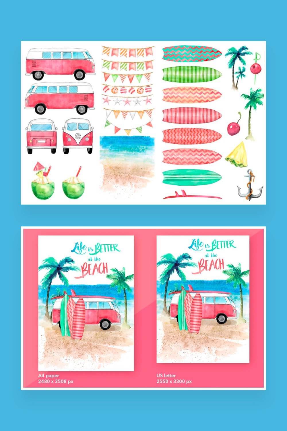 Two clip art of Clipart Red vw bus, surfboards, palm trees, pineapple, cocktail in coconut for Pinterest.