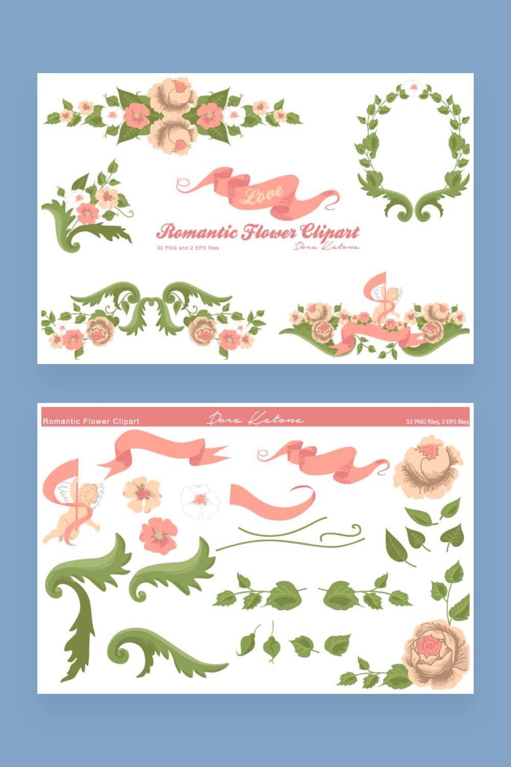 Two images with a set of romantic floral clipart.