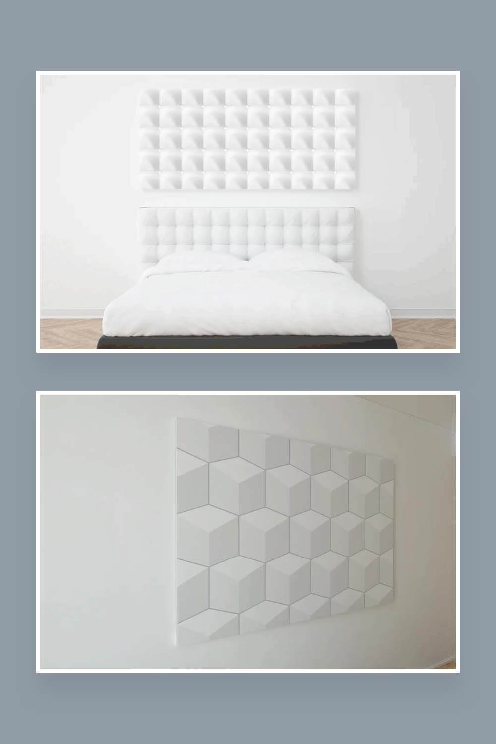 White seamless decorative texture on two photos with a bed and a wall.