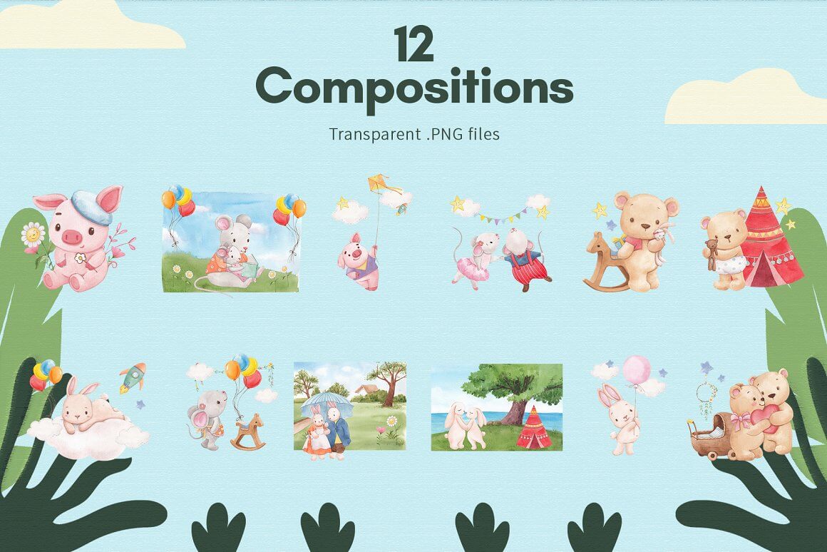 12 compositions with children's toys: piglets, rabbits, mice.