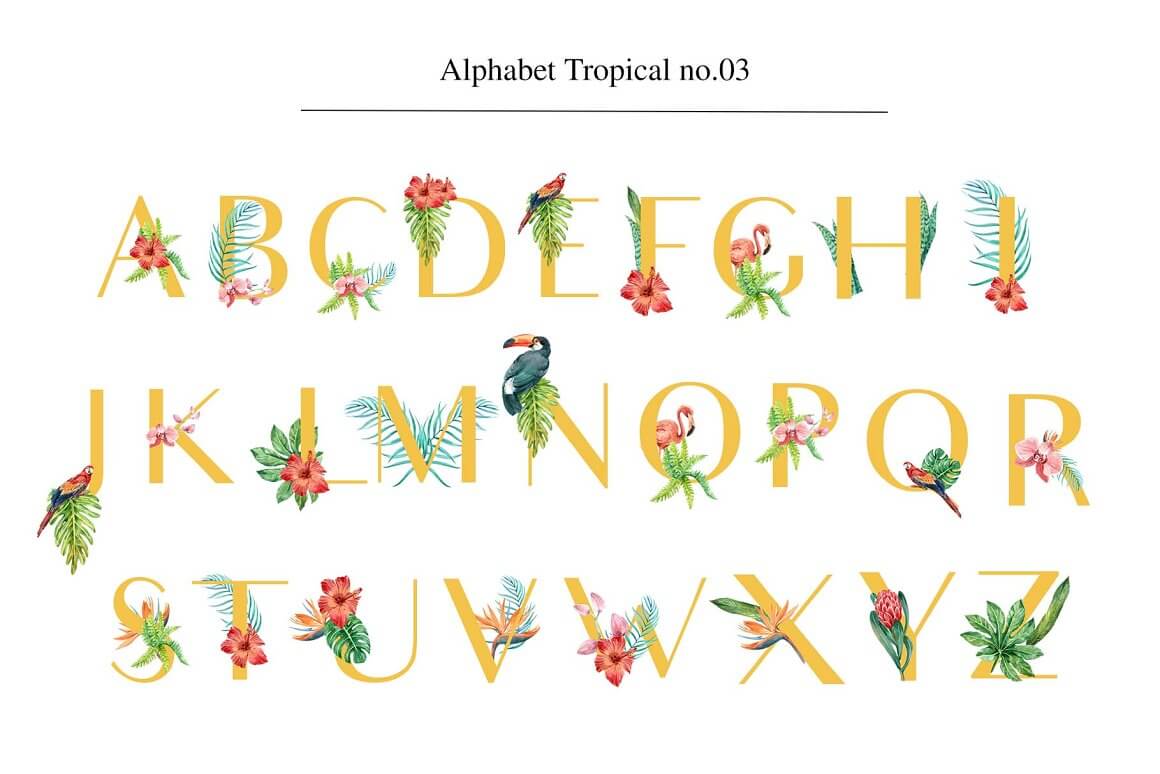 Yellow letters of the alphabet decorated with tropical plants and birds.