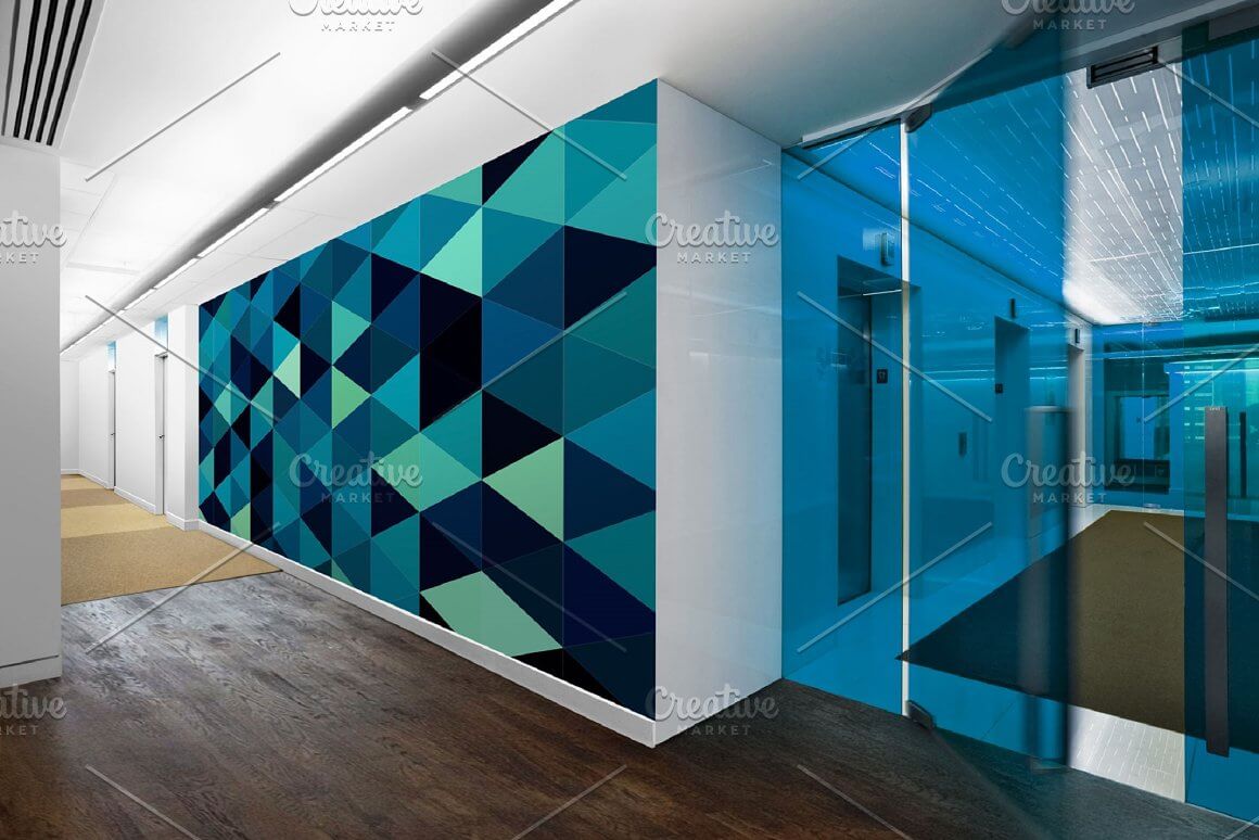 Design of dark green triangles on the office wall.