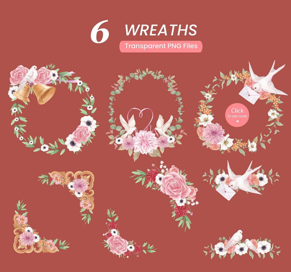 6 Wreaths with Flowers and Leaves.