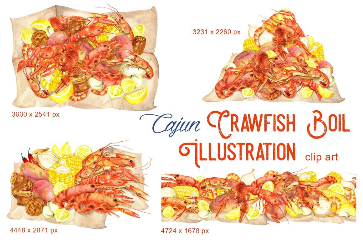 Four different illustrations of crayfish boiling in different sizes.