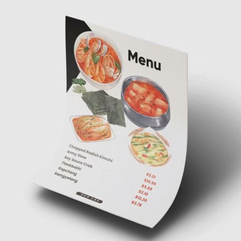 Curved Korean food menu on a white background.